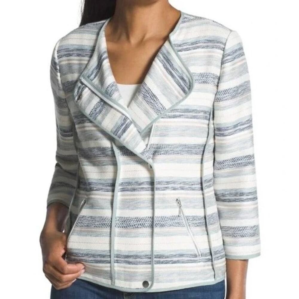 Chicos Jacket Womens M Blue Multi Ocean Stripe 3/4 Sleeve Snap Zip Moto Nautical